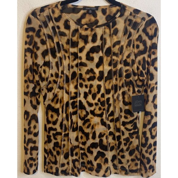 JOHN MARK Cheetah Print Animal Long Sleeve Blouse Top Nylon Stretch Size XS - Picture 1 of 4